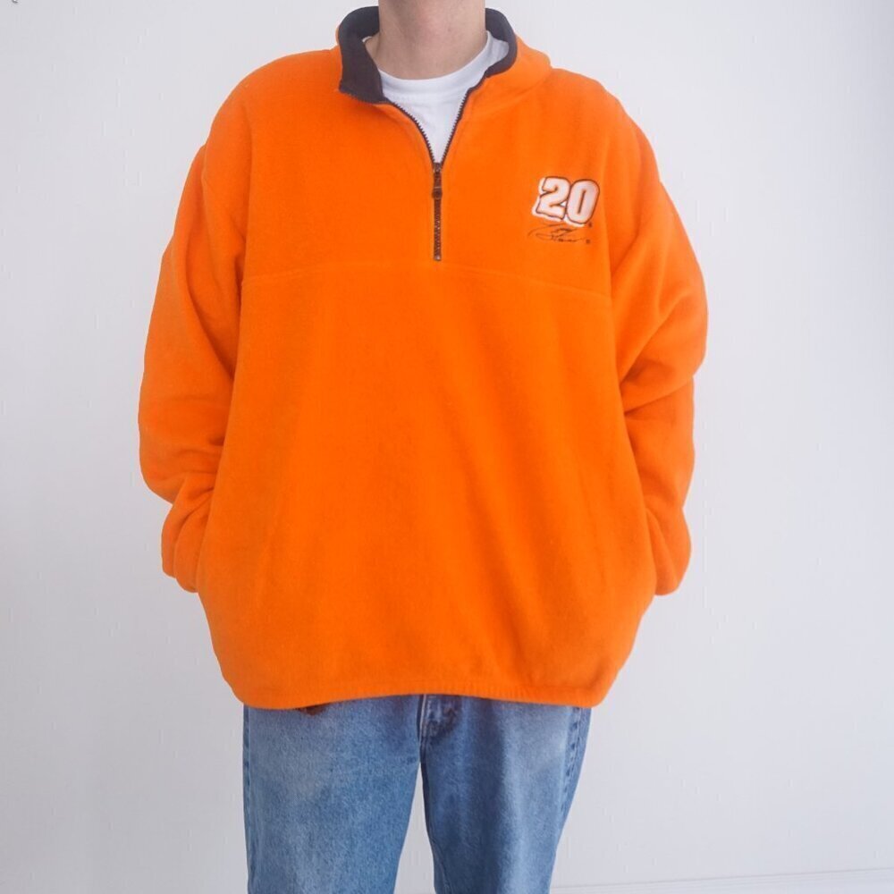 Vtg Tony Stewart #20 Orange Nascar Quarter Zip Fleece Sweater L By Competitors